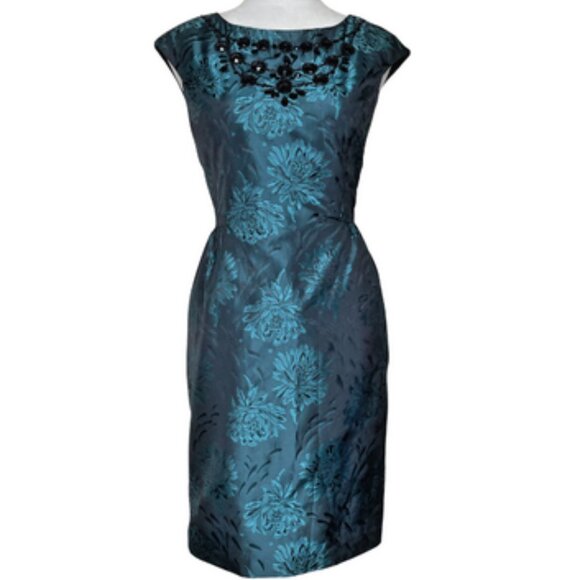 Jessica Howard Women's Metallic Blue Floral Print Jacquard Evening Dress 6P - Picture 1 of 13